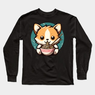 Kawaii vintage corgi eat ramen Long Sleeve T-Shirt